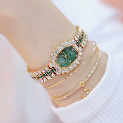BS beesister FA1581 นาฬิกาควอทซ์ผู้หญิงหน้าปัดแปดเหลี่ยมเพชรชุบ Rhinestone สร้อยข้อมือ