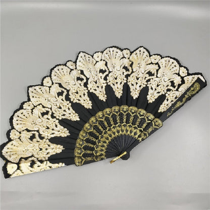 สเปนสไตล์พัดลมพับพลาสติกนกยูงลูกไม้พัดลมสุภาพสตรีเต้นรำ Gilding พัดลม, 23x42cm
