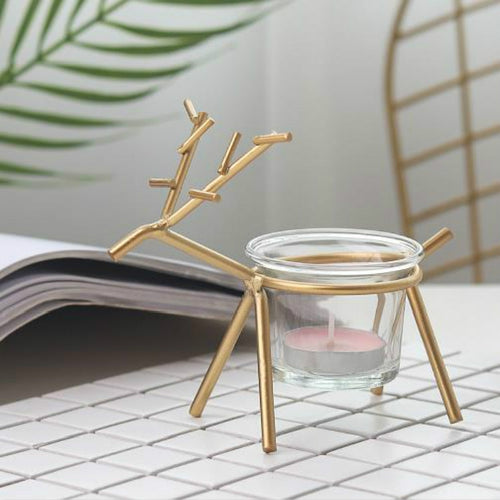 Wrought Iron Deer เชิงเทียนเดสก์ท็อปบรรยากาศตกแต่งเทียนตกแต่ง, Black, Gold