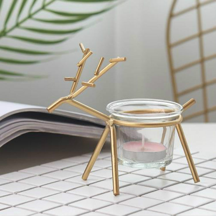 Wrought Iron Deer เชิงเทียนเดสก์ท็อปบรรยากาศตกแต่งเทียนตกแต่ง, Black, Gold