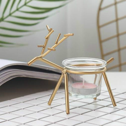 Wrought Iron Deer เชิงเทียนเดสก์ท็อปบรรยากาศตกแต่งเทียนตกแต่ง, Black, Gold