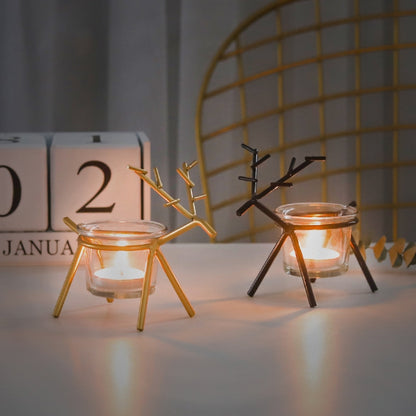 Wrought Iron Deer เชิงเทียนเดสก์ท็อปบรรยากาศตกแต่งเทียนตกแต่ง, Black, Gold