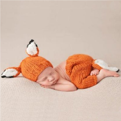 การถ่ายภาพเด็กเสื้อผ้าการ์ตูน Fox Shape Handmade ขนสัตว์ถักหมวก + กางเกงชุด, 0-3月