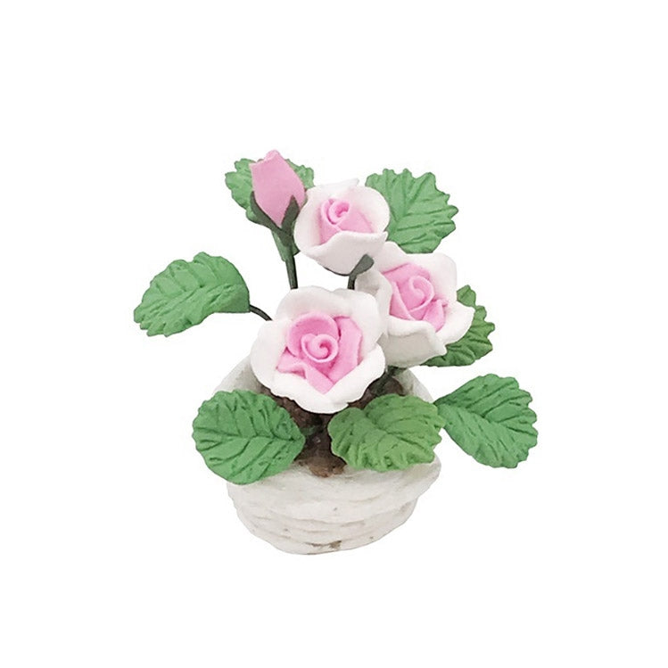 1:12 MINI House ของเล่นกระเป๋าเครื่องประดับจำลองกระถางต้นไม้ Rose, Pink and White Rose