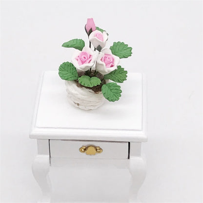 1:12 MINI House ของเล่นกระเป๋าเครื่องประดับจำลองกระถางต้นไม้ Rose, Pink and White Rose