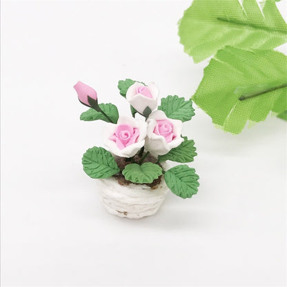 1:12 MINI House ของเล่นกระเป๋าเครื่องประดับจำลองกระถางต้นไม้ Rose, Pink and White Rose