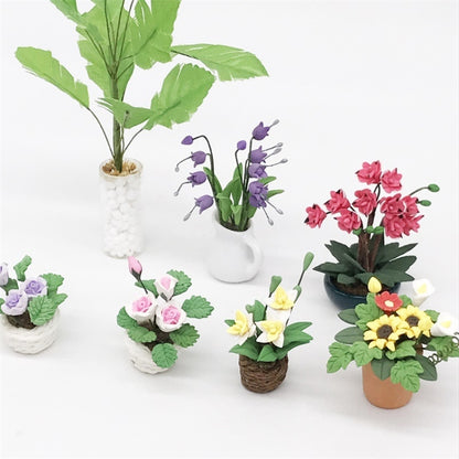 1:12 MINI House ของเล่นกระเป๋าเครื่องประดับจำลองกระถางต้นไม้ Rose, Pink and White Rose