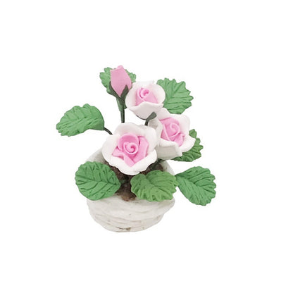 1:12 MINI House ของเล่นกระเป๋าเครื่องประดับจำลองกระถางต้นไม้ Rose, Pink and White Rose