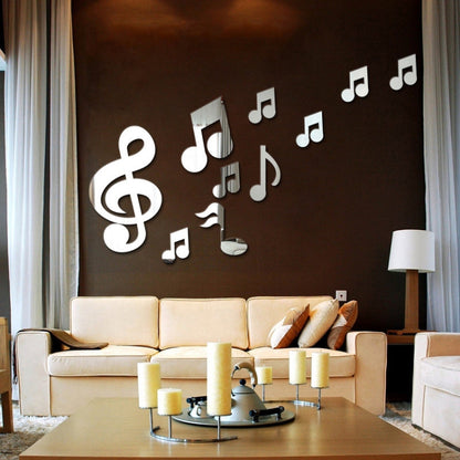 3D โน้ตดนตรีกระจกอะคริลิคสติ๊กเกอร์ติดผนัง Home Decor ผนังห้องนั่งเล่นตกแต่ง Art DIY สติ๊กเกอร์ติดผนัง