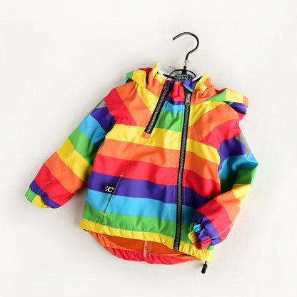 ฤดูใบไม้ร่วงและฤดูหนาวเด็กขนแกะ Rainbow Striped Diagonal Zipper Hooded Windbreaker, 90cm
