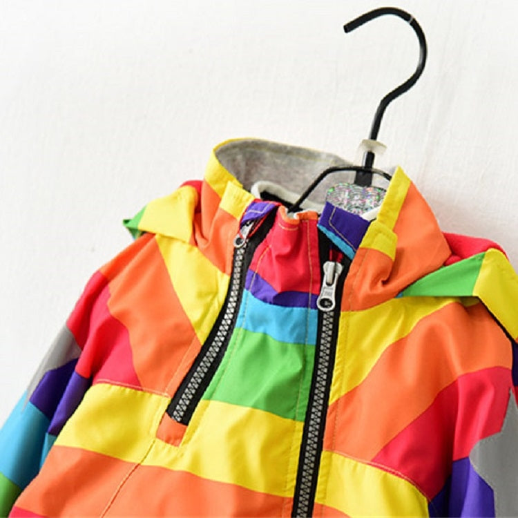 ฤดูใบไม้ร่วงและฤดูหนาวเด็กขนแกะ Rainbow Striped Diagonal Zipper Hooded Windbreaker, 90cm