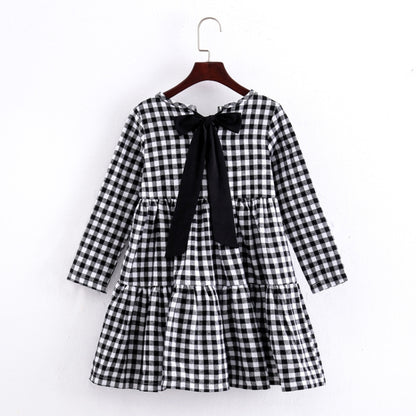 ฤดูใบไม้ร่วงสาวผ้าฝ้าย Lattice Bow-knot Tie แขนยาวชุด, 110cm, 130cm, 150cm, 160cm