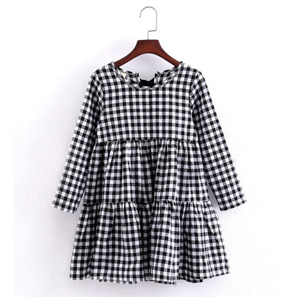 ฤดูใบไม้ร่วงสาวผ้าฝ้าย Lattice Bow-knot Tie แขนยาวชุด, 110cm, 130cm, 150cm, 160cm