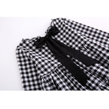 ฤดูใบไม้ร่วงสาวผ้าฝ้าย Lattice Bow-knot Tie แขนยาวชุด, 110cm, 130cm, 150cm, 160cm