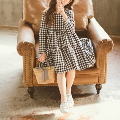 ฤดูใบไม้ร่วงสาวผ้าฝ้าย Lattice Bow-knot Tie แขนยาวชุด, 110cm, 130cm, 150cm, 160cm