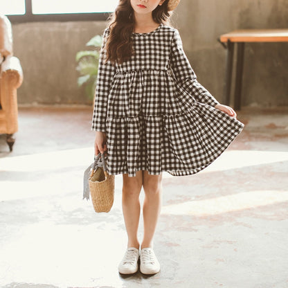 ฤดูใบไม้ร่วงสาวผ้าฝ้าย Lattice Bow-knot Tie แขนยาวชุด, 110cm, 130cm, 150cm, 160cm