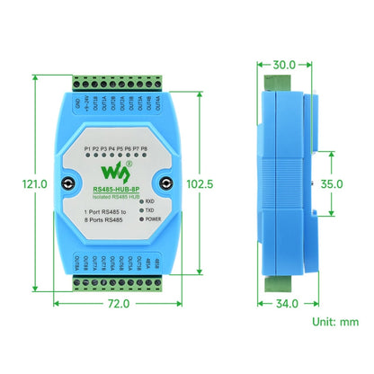 Waveshare RS485-HUB-8P ฮับ RS485 แบบแยก 8-ch เกรดอุตสาหกรรม, รองรับการยึดกับราง, ช่วงอัตราการส่งข้อมูลที่กว้าง