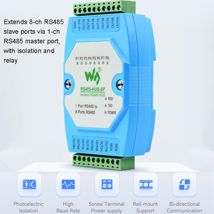 Waveshare RS485-HUB-8P ฮับ RS485 แบบแยก 8-ch เกรดอุตสาหกรรม, รองรับการยึดกับราง, ช่วงอัตราการส่งข้อมูลที่กว้าง