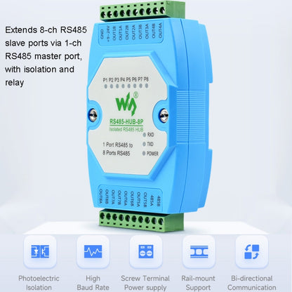 Waveshare RS485-HUB-8P ฮับ RS485 แบบแยก 8-ch เกรดอุตสาหกรรม, รองรับการยึดกับราง, ช่วงอัตราการส่งข้อมูลที่กว้าง