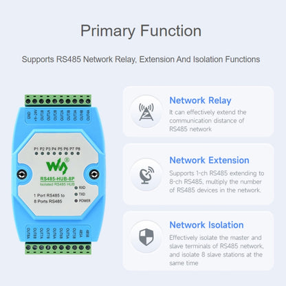 Waveshare RS485-HUB-8P ฮับ RS485 แบบแยก 8-ch เกรดอุตสาหกรรม, รองรับการยึดกับราง, ช่วงอัตราการส่งข้อมูลที่กว้าง