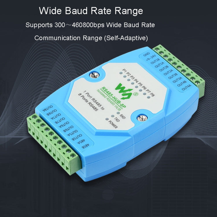 Waveshare RS485-HUB-8P ฮับ RS485 แบบแยก 8-ch เกรดอุตสาหกรรม, รองรับการยึดกับราง, ช่วงอัตราการส่งข้อมูลที่กว้าง