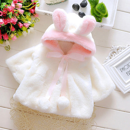 เด็กทารกการ์ตูนกระต่ายหูรูปร่าง Hooded กระต่ายเลียนแบบขนสัตว์ Shawl Coat, 80cm/8, 90cm/10, 100cm/12, 70cm/6