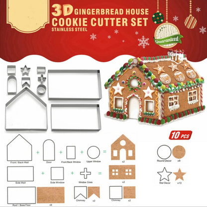 10 in 1 3D แม่พิมพ์บิสกิตสแตนเลสคริสต์มาสขนมปังขิงบ้านเครื่องมืออบ, Gingerbread Mold(10 in 1)