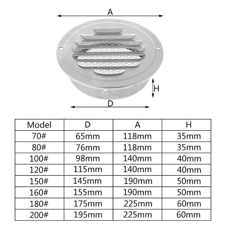 ผนังภายนอกสแตนเลสหัวแบนกันฝนและแมลงกันนกฮู้ด, 70mm, 80mm, 00mm, 120mm, 150mm, 180mm, 200mm