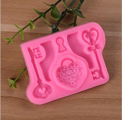 2 ชิ้นอาหารรักล็อคที่สำคัญ F Ondant แม่พิมพ์ซิลิโคน DIY อบเค้กตกแต่งเครื่องมือ, Food Love Lock Key Shape