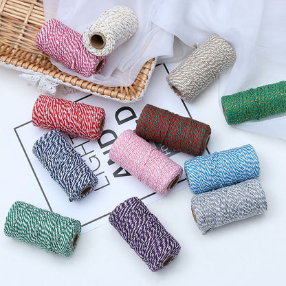 เชือกฝ้ายสองสีทำมือ DIY Drawstring กล่องของขวัญเชือกบรรจุ, 2mm Thick (100m / Roll)