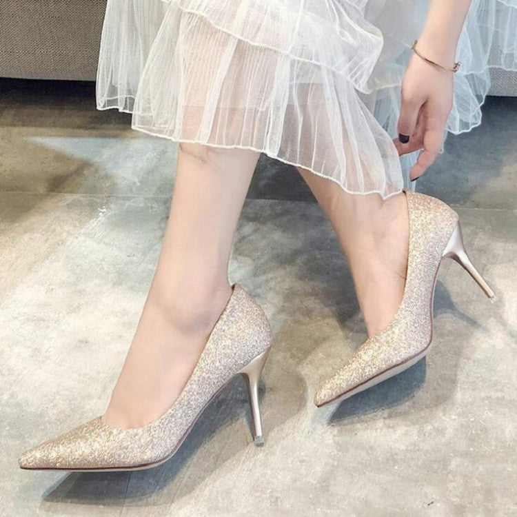 รองเท้าผู้หญิงตื้น Glitter Frosted Stiletto, 34, 35, 36, 37, 38, 39