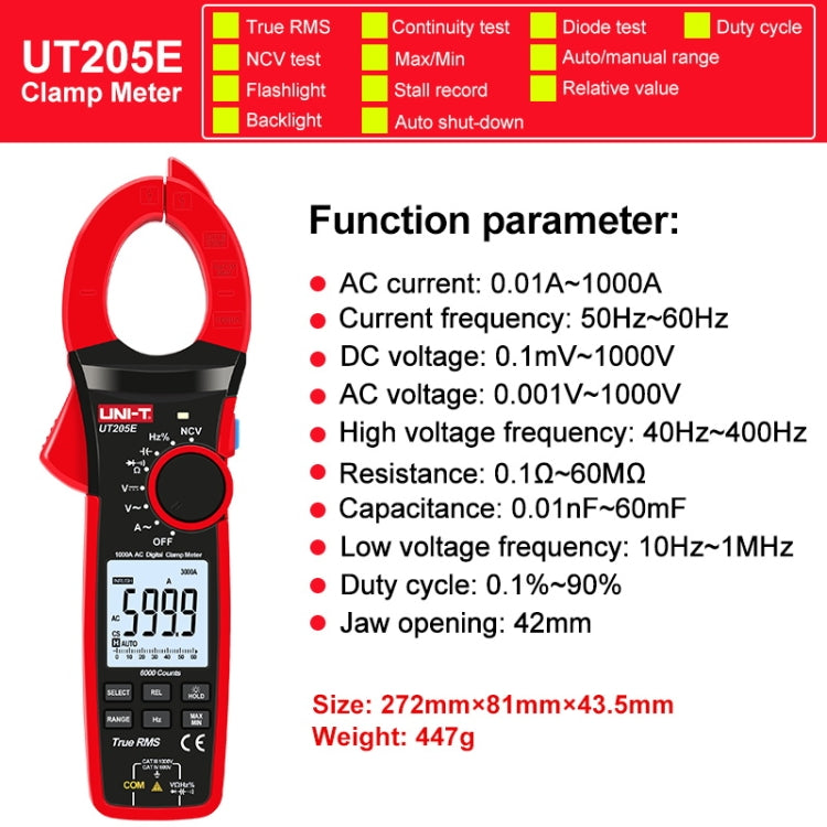 1000A 42 มม. ขนาดขากรรไกรดิจิตอลแคลมป์มิเตอร์เครื่องตรวจจับแรงดันไฟฟ้า AC DC, UT205E 1000A, UT208B 1000A