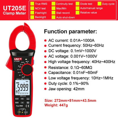 1000A 42 มม. ขนาดขากรรไกรดิจิตอลแคลมป์มิเตอร์เครื่องตรวจจับแรงดันไฟฟ้า AC DC, UT205E 1000A, UT208B 1000A