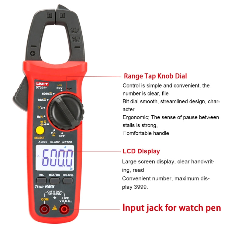 UNI-T UT204+ 600A แคลมป์มิเตอร์ดิจิตอล เครื่องตรวจจับแรงดันไฟฟ้า AC DC, UT204+ 600A