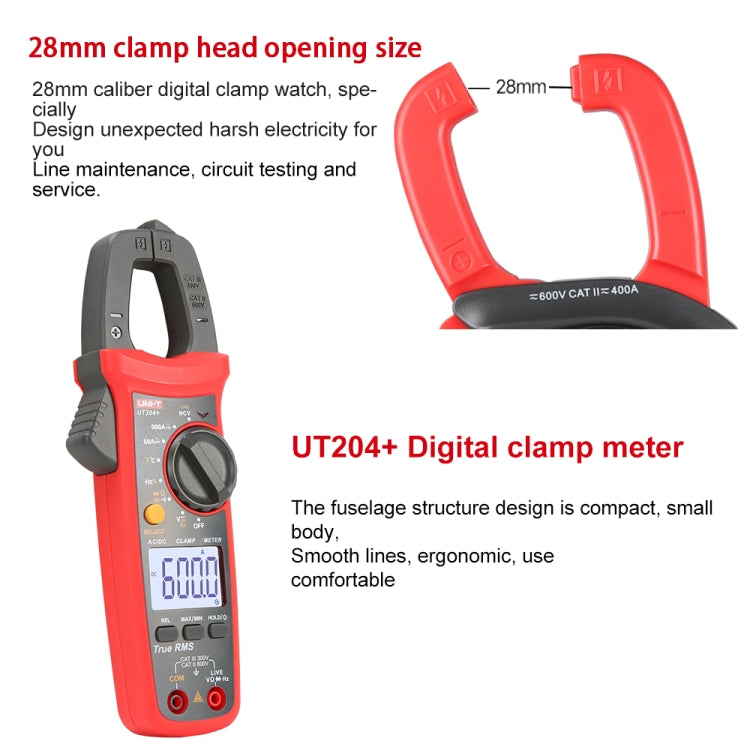 UNI-T UT204+ 600A แคลมป์มิเตอร์ดิจิตอล เครื่องตรวจจับแรงดันไฟฟ้า AC DC, UT204+ 600A