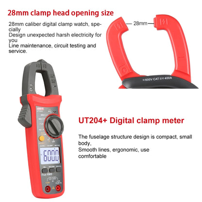 UNI-T UT204+ 600A แคลมป์มิเตอร์ดิจิตอล เครื่องตรวจจับแรงดันไฟฟ้า AC DC, UT204+ 600A