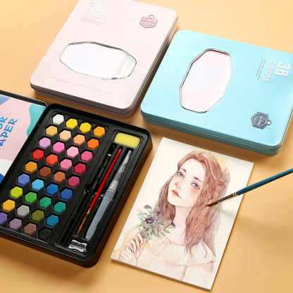 36 in 1 Solid สีน้ำสีแบบพกพากล่องดีบุกเริ่มต้นมือวาดจิตรกรรมชุดเครื่องมือ