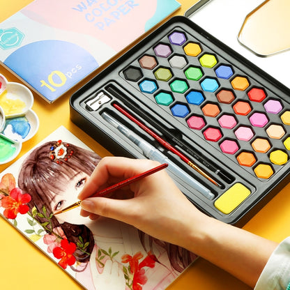 36 in 1 Solid สีน้ำสีแบบพกพากล่องดีบุกเริ่มต้นมือวาดจิตรกรรมชุดเครื่องมือ