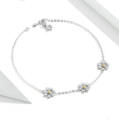 สร้อยข้อมือชุบแพลทินัมเงินสเตอร์ลิง S925 สร้อยข้อมือเดซี่น่ารัก, Daisy