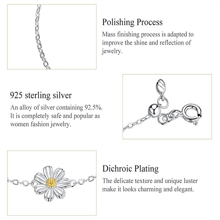 สร้อยข้อมือชุบแพลทินัมเงินสเตอร์ลิง S925 สร้อยข้อมือเดซี่น่ารัก, Daisy