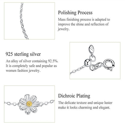 สร้อยข้อมือชุบแพลทินัมเงินสเตอร์ลิง S925 สร้อยข้อมือเดซี่น่ารัก, Daisy