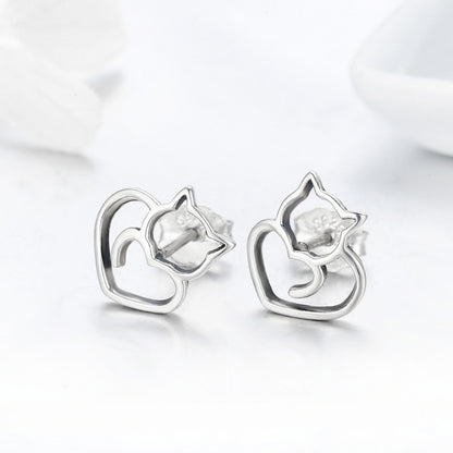 Simple Plain Silver Cat ต่างหูเงินสเตอร์ลิงต่างหูหญิงเครื่องประดับเงินสัตว์เล็ก, SCE271