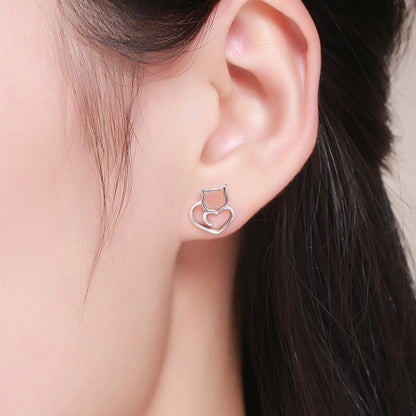 Simple Plain Silver Cat ต่างหูเงินสเตอร์ลิงต่างหูหญิงเครื่องประดับเงินสัตว์เล็ก, SCE271