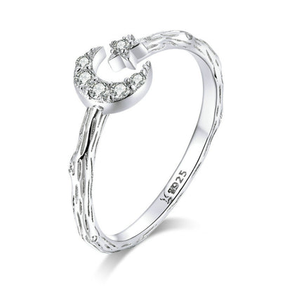 แฟชั่น Retro เปิดแหวนเงินสเตอร์ลิง S925 Star และ Moon Platinum Plated Zircon แหวน, SCR638