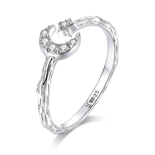 แฟชั่น Retro เปิดแหวนเงินสเตอร์ลิง S925 Star และ Moon Platinum Plated Zircon แหวน, SCR638
