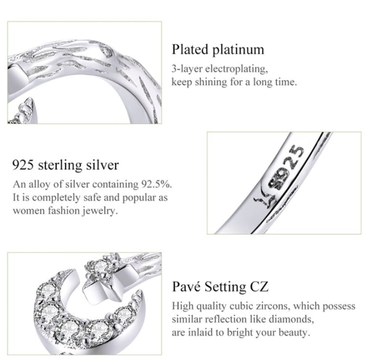 แฟชั่น Retro เปิดแหวนเงินสเตอร์ลิง S925 Star และ Moon Platinum Plated Zircon แหวน, SCR638