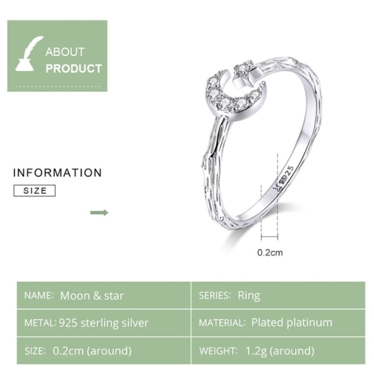 แฟชั่น Retro เปิดแหวนเงินสเตอร์ลิง S925 Star และ Moon Platinum Plated Zircon แหวน, SCR638