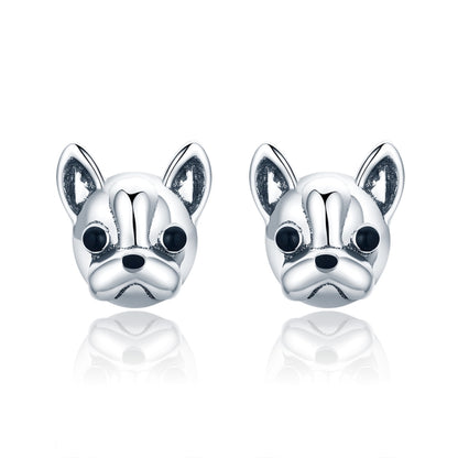 S925 ต่างหูเงินรูปสัตว์ Bulldog ต่างหูเงินธรรมดา, SCE283