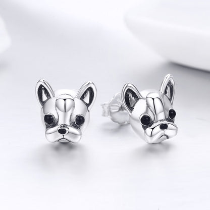 S925 ต่างหูเงินรูปสัตว์ Bulldog ต่างหูเงินธรรมดา, SCE283