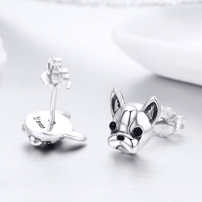 S925 ต่างหูเงินรูปสัตว์ Bulldog ต่างหูเงินธรรมดา, SCE283